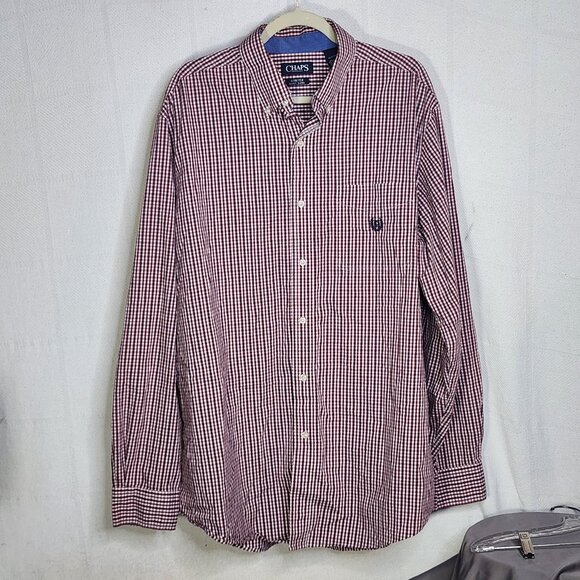 Chaps Brick Red Navy Plaid Stretch Easy Care Cotton Poly Elastane LS Oxford XLT - Picture 1 of 16